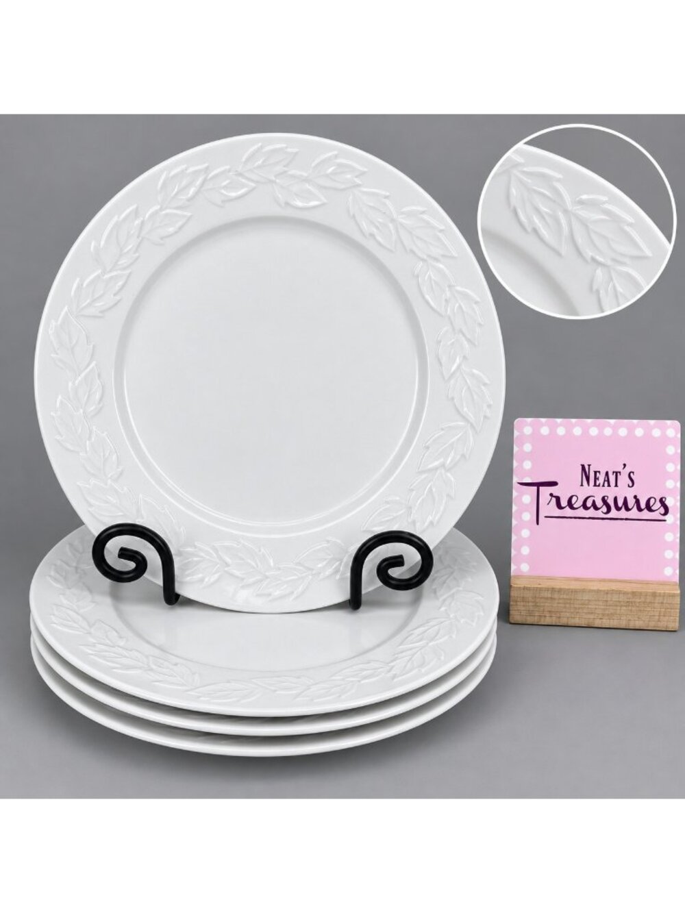 Pfaltzgraff AUTUMN LEAVES White Embossed Rim Leaves Ceramic Dinner Plates Set 4